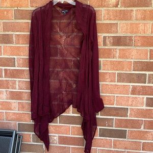 Eileen Fisher burgundy open weave cotton sweater.